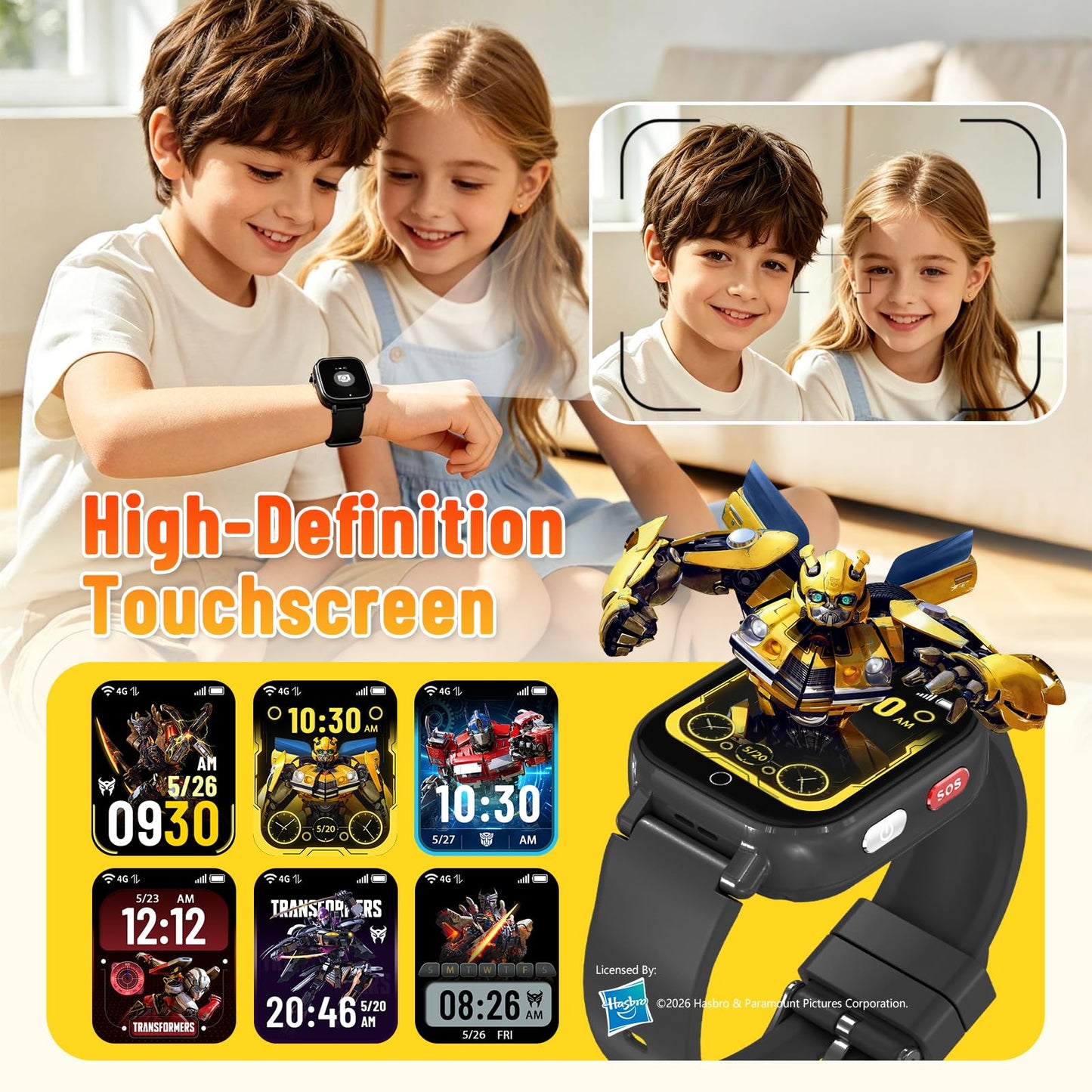 Transformers 4G Kids Smart Watch Phone, GPS, Video Call, Waterproof - Pink | Smartwatch for Boys Girls Ages 4-12, Class Mode, SOS, Camera, Alarm, Touch Screen, Gifts with Bonus Woven Strap & SIM Card