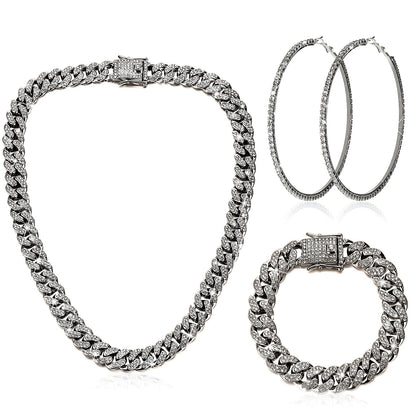 Batiyeer 3 Pcs Cuban Link Chain Necklace Bracelet Rhinestone Hoop Earrings Bling Crystal Hip Hop Jewelry for Women(18 Inch,Gold)