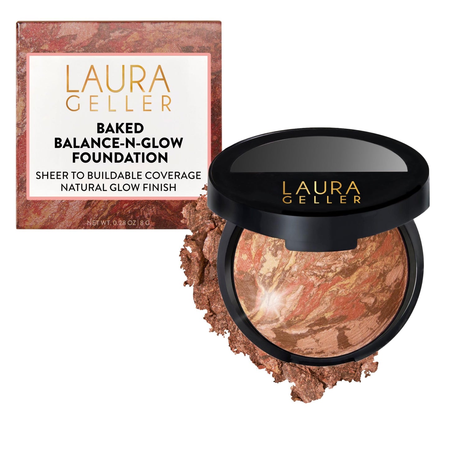 LAURA GELLER NEW YORK Baked Balance-n-Glow Illuminating Powder Foundation – Toffee – Handmade in Italy – Pearl-Infused Satin Finish – Vitamin C Brightening – Buildable Sheer Coverage – For Mature Skin