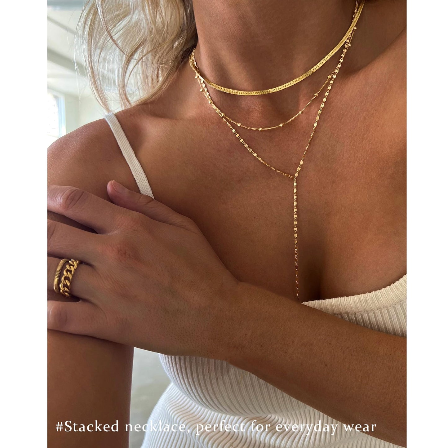 3PCS Gold Necklaces for Women,Chunky Statement Gold Plated Necklace Stack Layered Sterling Silver Herringbone Chains for Women Dainty Trendy Silver Chains Stacked Jewelry Gifts