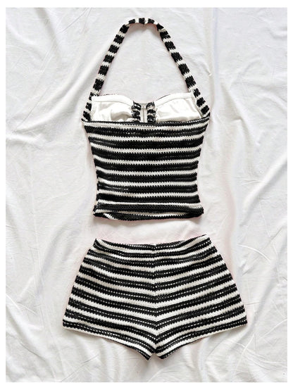 SOLY HUX Women's Summer 2 Piece Outfits Striped Crochet Halter Top Mini Shorts Set Beach Vacation Y2K Sets