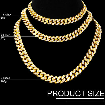 Batiyeer 3 Pcs Cuban Link Chain Necklace Bracelet Rhinestone Hoop Earrings Bling Crystal Hip Hop Jewelry for Women(18 Inch,Gold)