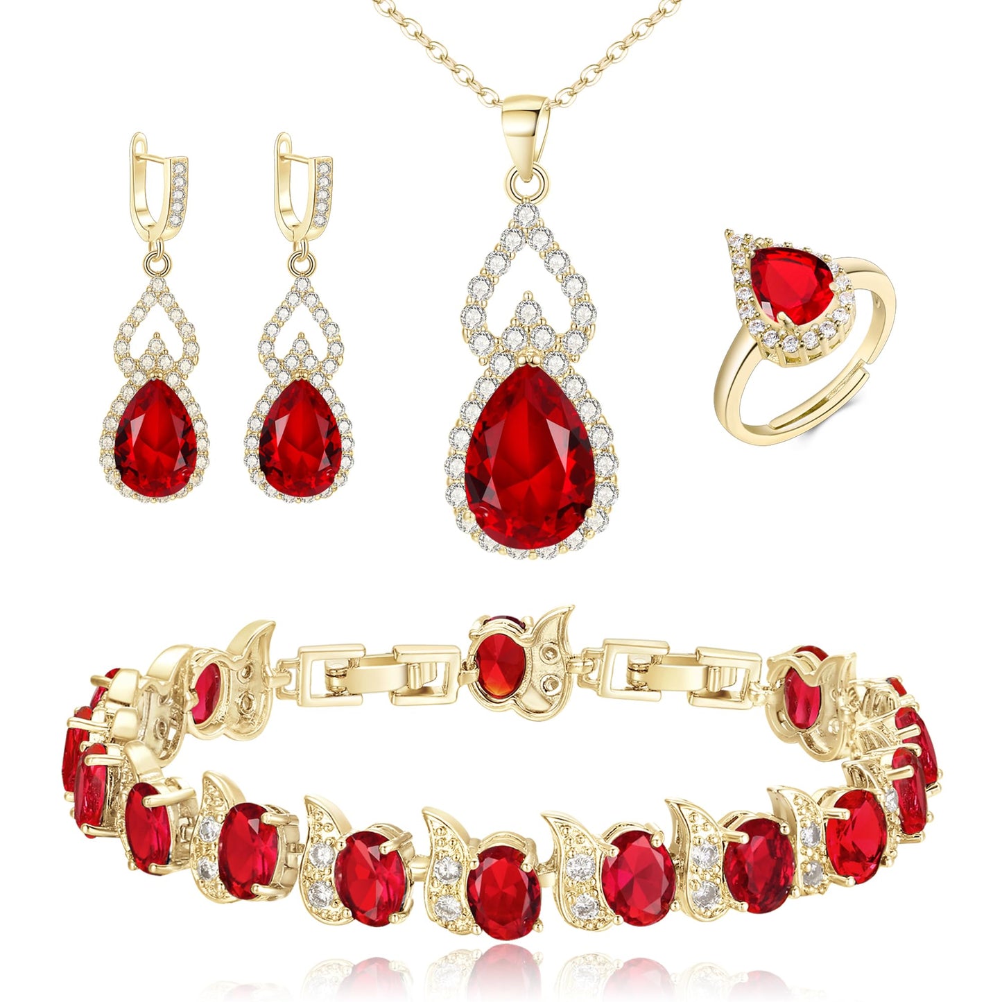 BriLove Wedding Jewelry Set for Women Bride Bridesmaid | Gorgeous Cubic Zirconia Teardrop Necklace Earrings Bracelet Adjustable Ring Jewelry Gift for Birthday/Anniversary