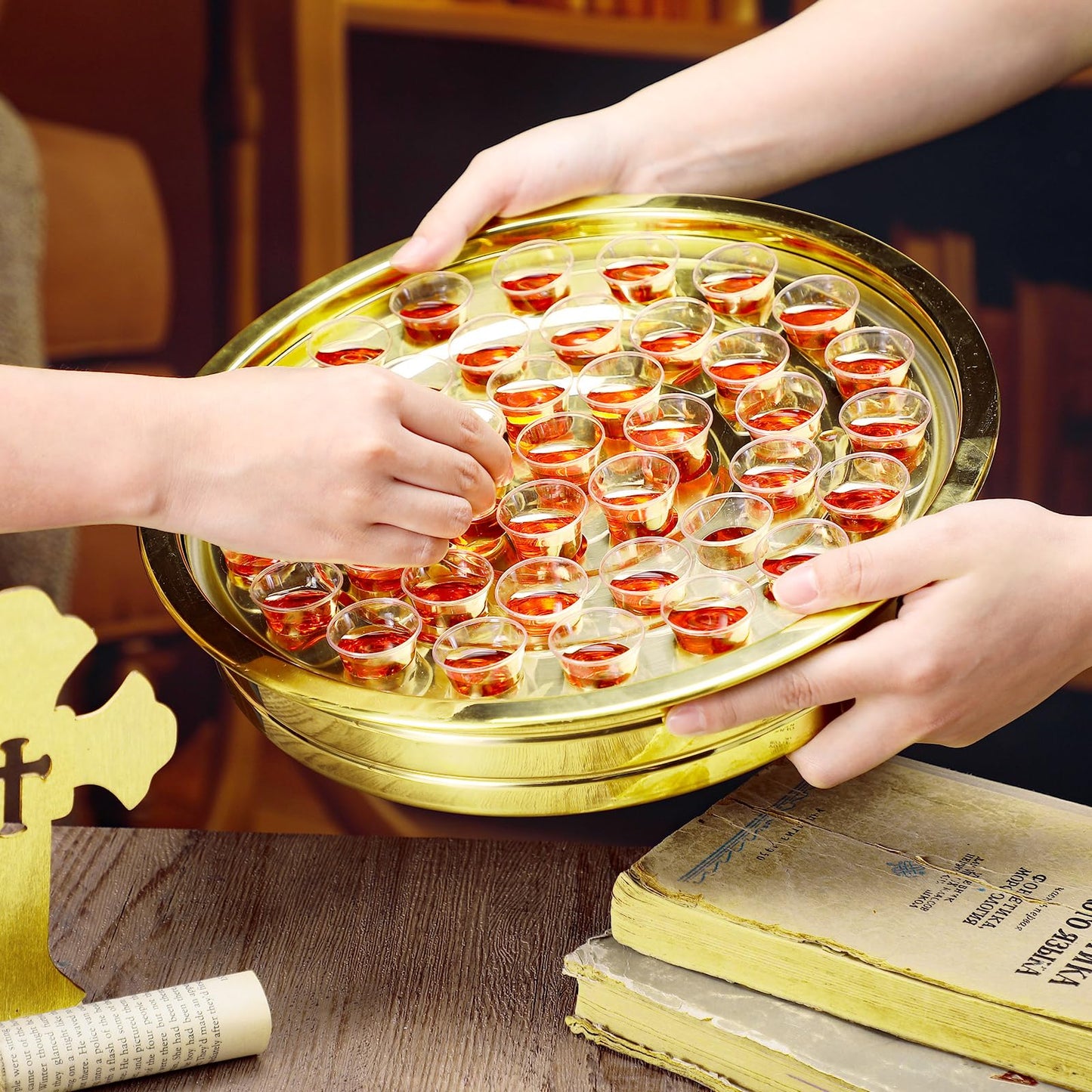 Jingmore Communion 2 Trays with Lid Christmas Holy Wine Serving Trays House up 80 Cups Stacking Stainless Steel Churches Ware Wine Bread Christmas Party Supplies (Gold)