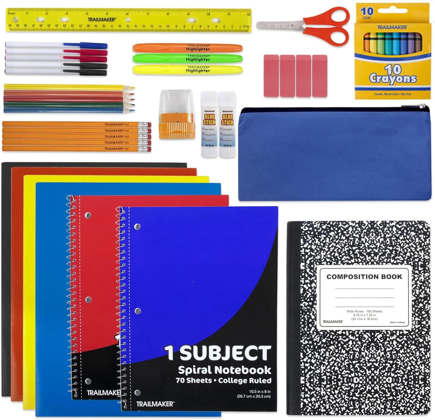 Trail maker School Supplies Kit 45 Piece School Supply Kit Grades K-12 – Back to School Essentials Includes Folders Notebooks Pencils Pens and Much More!