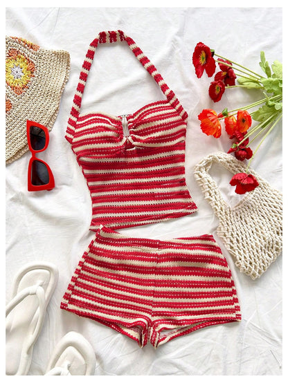 SOLY HUX Women's Summer 2 Piece Outfits Striped Crochet Halter Top Mini Shorts Set Beach Vacation Y2K Sets