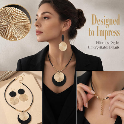 Gold Disc Pendant Necklace Earrings Set Leather Cord Black Circle Statement Necklaces Geometric Textured Medallion Jewelry For Women Party Fashion
