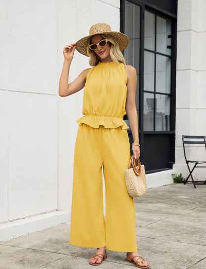 Tanming Women's Linen 2 Piece Outfits Sleeveless Ruffle Top Wide Leg Pants Summer Loungewear Beach Travel Sets