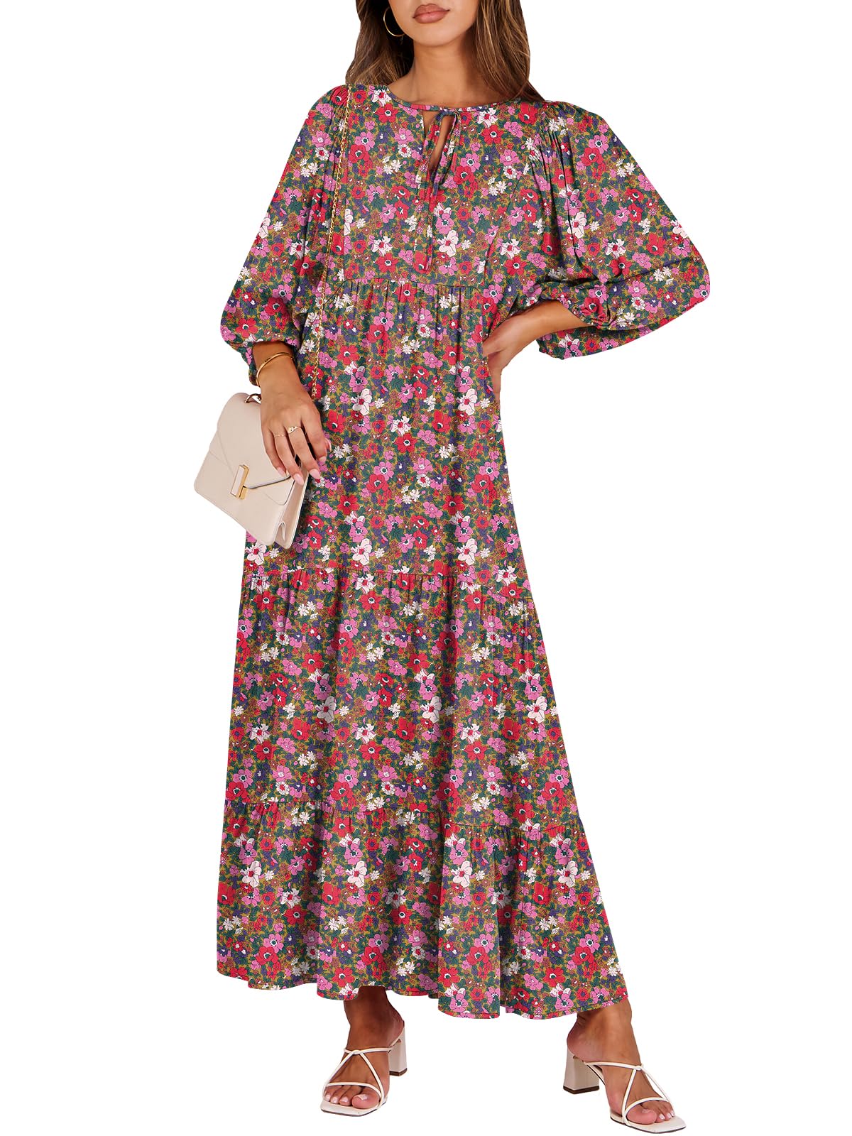 ANRABESS Womens Boho Floral 3/4 Puff Sleeve Maxi Dress | Tiered Flowy Loose Fit, Comfy Soft Rayon Fabric, Wedding Guest Church Beach, Modest Elegant, Spring Summer Fall Outfits