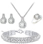 Paxuan 4pcs Cubic Zirconia Wedding Jewelry Sets for Bride Bridesmaid Cubic Zirconia Pendant Necklace Earrings Link Tennis Bracelet Open Ring Set for Women