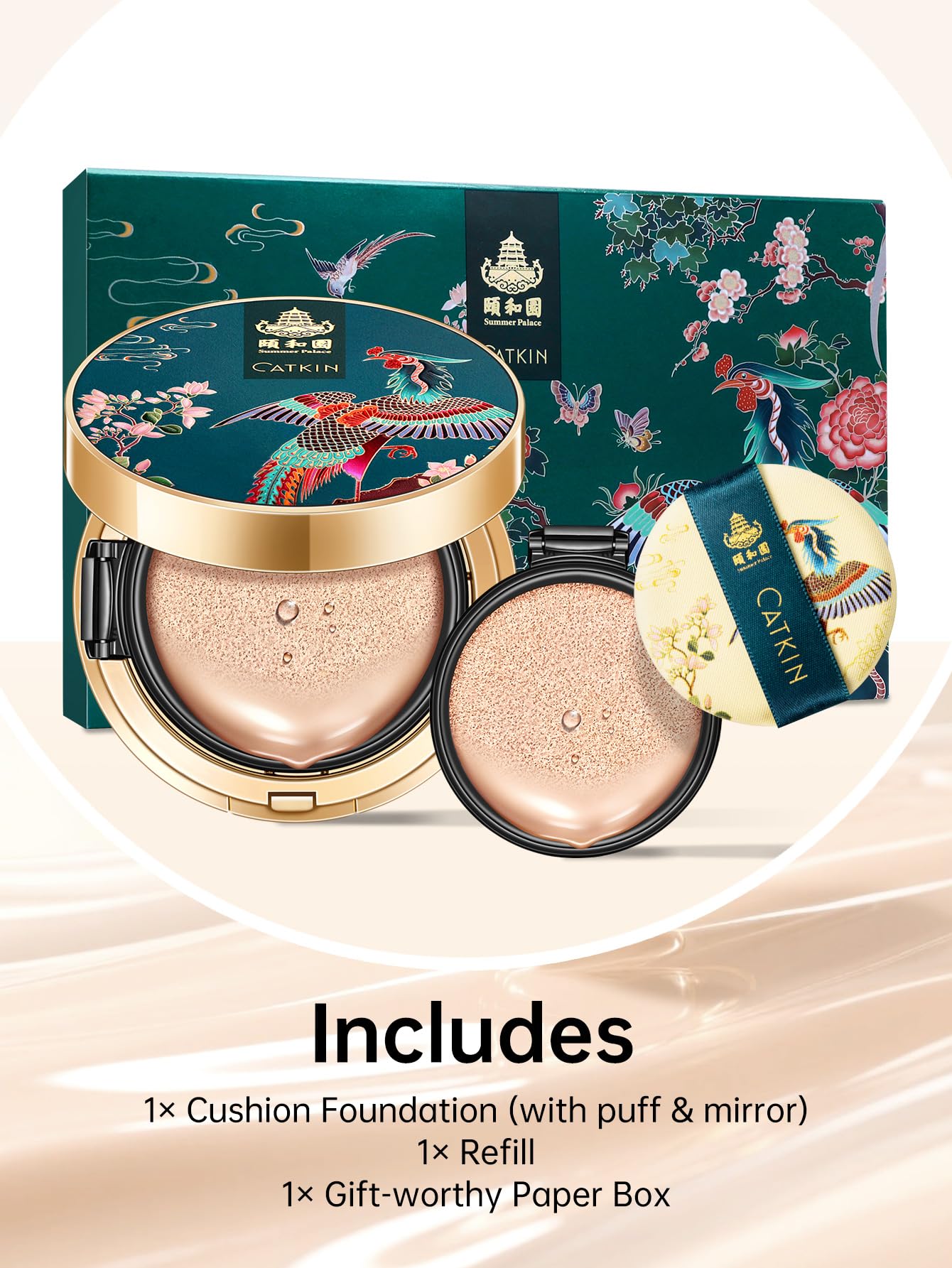 Catkin Phoenix Cushion Foundation Buildable Coverage Anti-Aging Serum Makeup, Sheer Satin Finish, Refill Included, Light Beige 0.46 Oz x 2, C02 IVORY