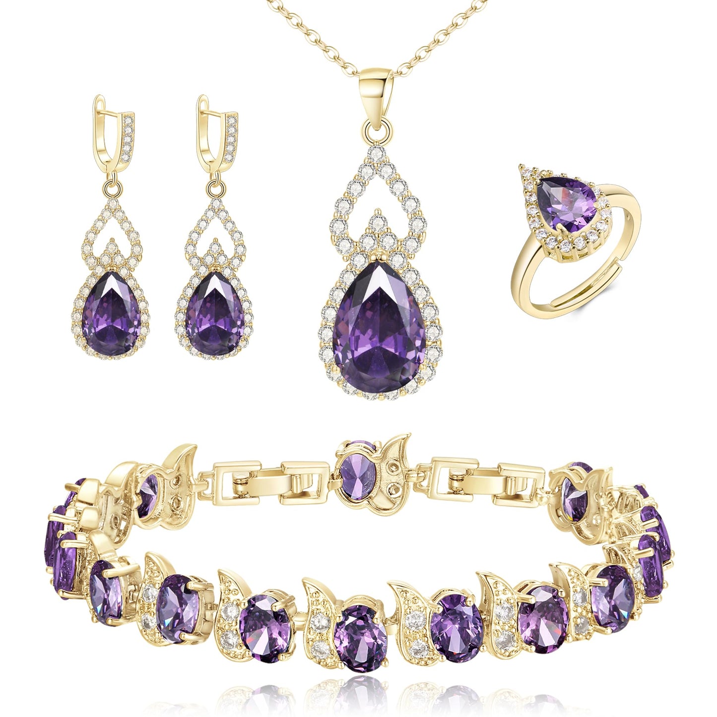 BriLove Wedding Jewelry Set for Women Bride Bridesmaid | Gorgeous Cubic Zirconia Teardrop Necklace Earrings Bracelet Adjustable Ring Jewelry Gift for Birthday/Anniversary