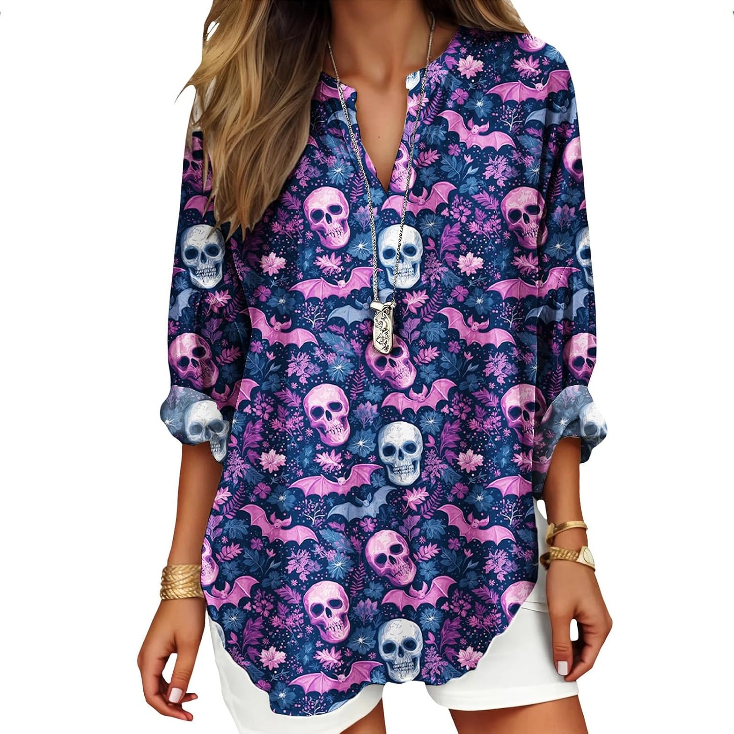 Womens Bohemian Print Tunic Top Cotton Blend V Neck Long Sleeve Loose Fit Casual Blouse for Summer Beach Vacation
