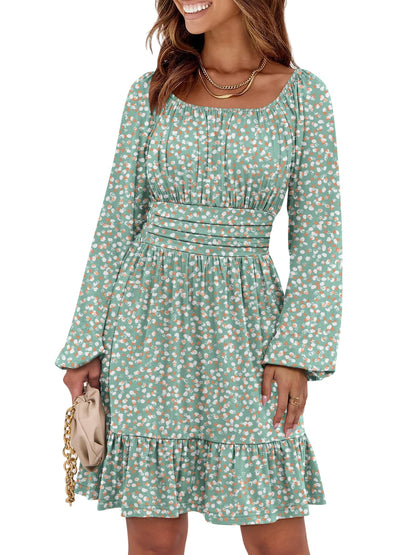ANRABESS Womens Dress Long Lantern Sleeve Square Neck Elastic Waist Ruffle Flowy Swing A-Line Short Dresses 2026 Fall Fashion