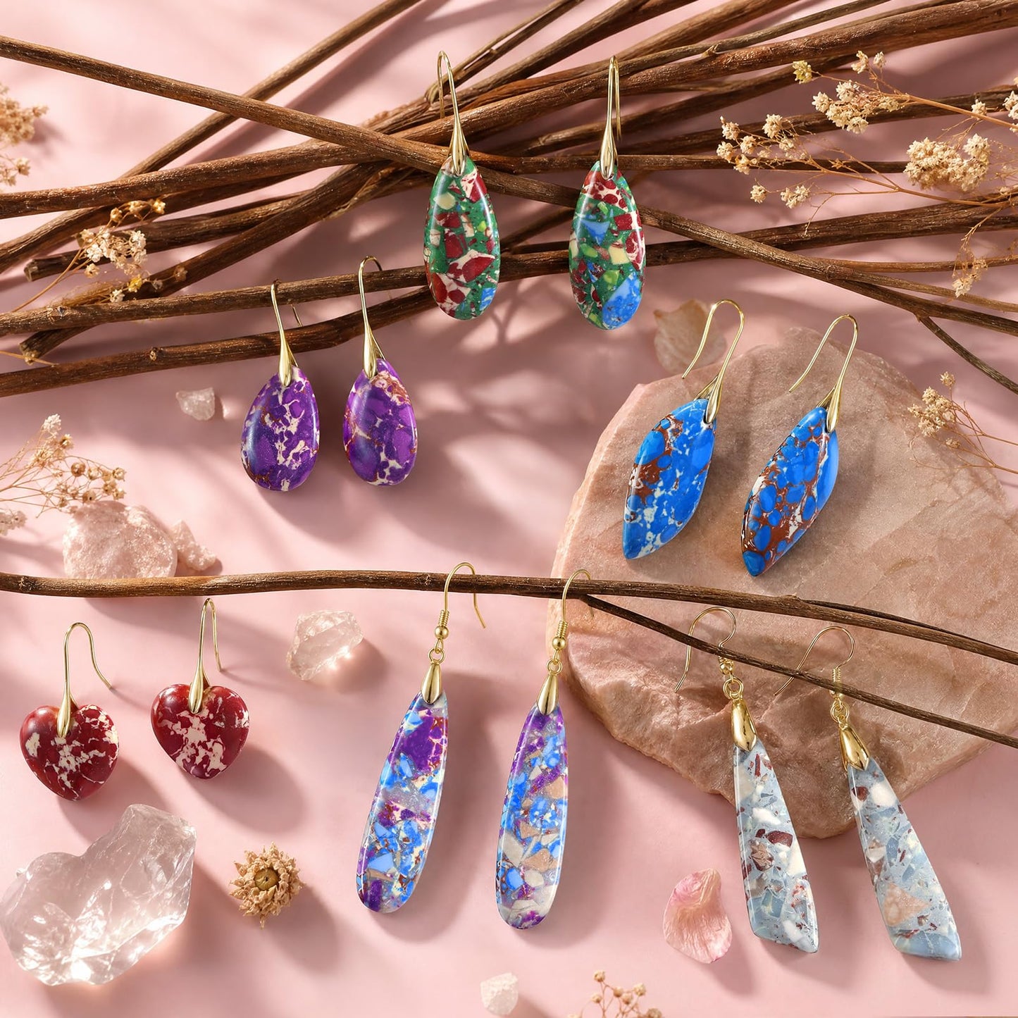Funtopia 6 Pairs Stone Earrings for Women Trendy Dangle Boho Earrings | Statement Earrings for Women Trendy, Colorful Fashion Gemstone Stone Earrings Jewelry Accessories
