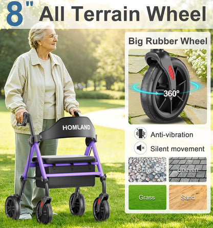 HOMLAND Walkers for Seniors with Seat, Foldable Rollator Walker, Reinforced Aluminum Frame, 8" Big Rubber Wheels for All Terrain, Height Adjustable Lightweight Rolling Walker