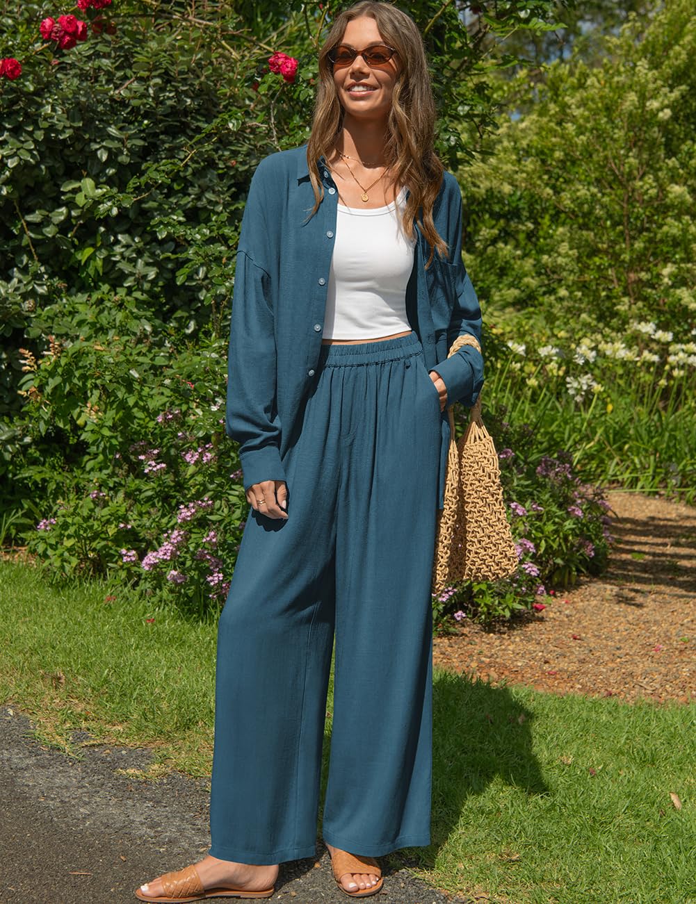 TARSE Womens Linen 2 Piece Outfits Casual Lounge Sets | Long Sleeve, Button Down Shirt and Wide Leg Pants, loose fit linen, vacation outfits with Pockets