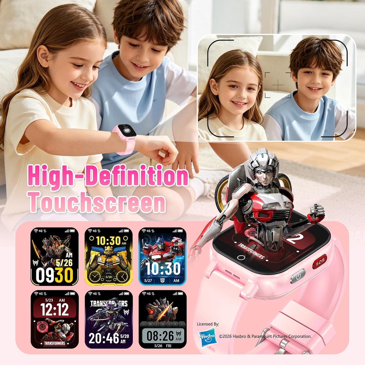 Transformers 4G Kids Smart Watch Phone, GPS, Video Call, Waterproof - Pink | Smartwatch for Boys Girls Ages 4-12, Class Mode, SOS, Camera, Alarm, Touch Screen, Gifts with Bonus Woven Strap & SIM Card