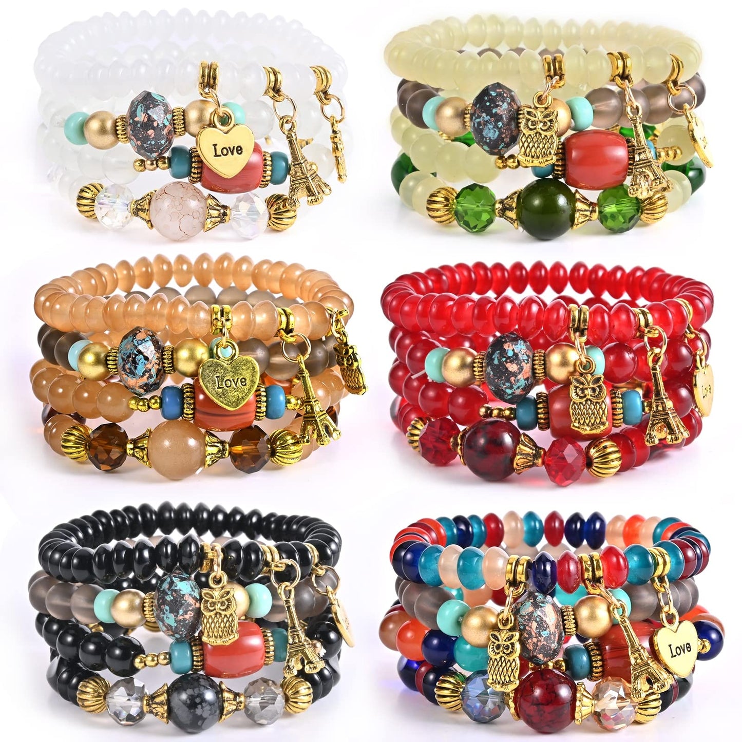Bohemian Bracelet Sets for Women - 6 Sets Stackable Stretch Bracelets Multi-color Boho Jewelry for Women Hippie Bracelets Dainty Jewelry