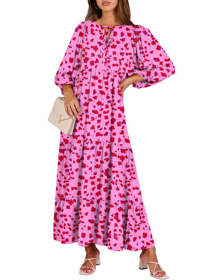 ANRABESS Womens Boho Floral 3/4 Puff Sleeve Maxi Dress | Tiered Flowy Loose Fit, Comfy Soft Rayon Fabric, Wedding Guest Church Beach, Modest Elegant, Spring Summer Fall Outfits