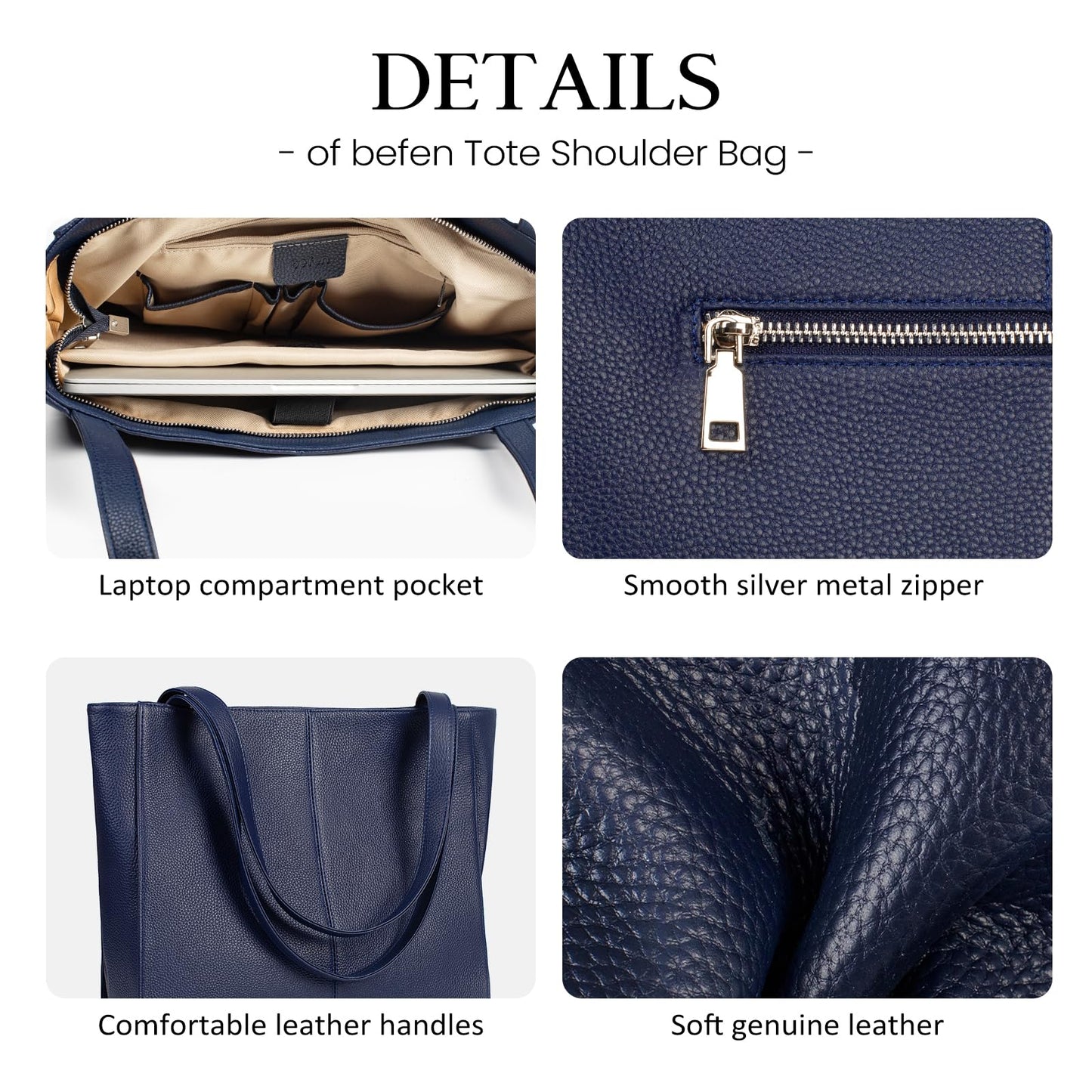 befen Genuine Leather Tote Bag for Women Work, Women's Leather Shoulder Bags Purses Satchel Handbags with Laptop Compartment
