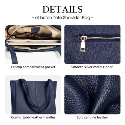 befen Genuine Leather Tote Bag for Women Work, Women's Leather Shoulder Bags Purses Satchel Handbags with Laptop Compartment