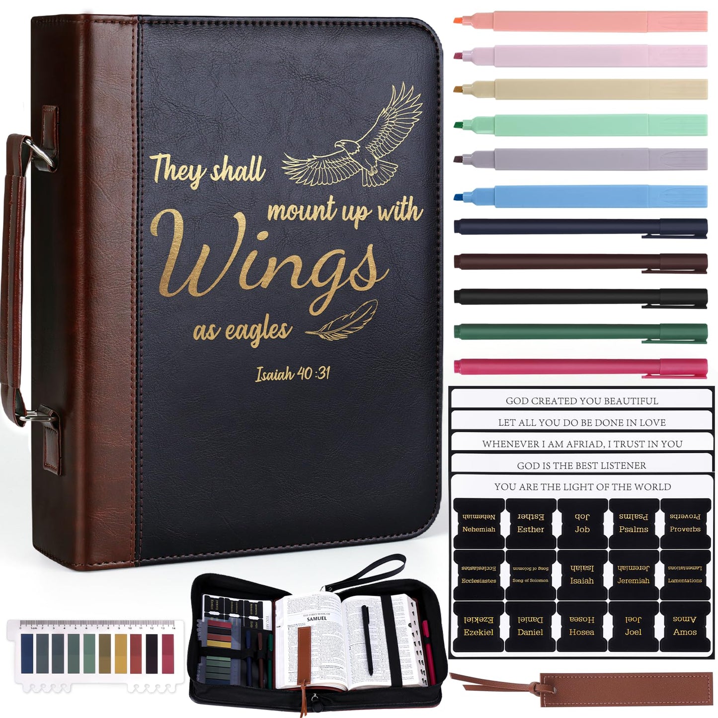 XKDOUS 20 Pcs Bible Case Set with Tabs, Pens, Study Supplies Carrier Holder Portable Men's Bible Bag Church Book Leather Cover Father Day Christian Gift for Dad, Mom, Men, Women