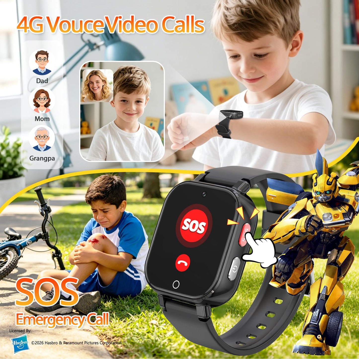 Transformers 4G Kids Smart Watch Phone, GPS, Video Call, Waterproof - Pink | Smartwatch for Boys Girls Ages 4-12, Class Mode, SOS, Camera, Alarm, Touch Screen, Gifts with Bonus Woven Strap & SIM Card