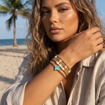 14K Gold Plated Pearl Beaded Cross Bracelets Stack Set for Women,Stretch Boho Colorful Christian Beads Ball Jewelry Friendship Summer Trendy Gift