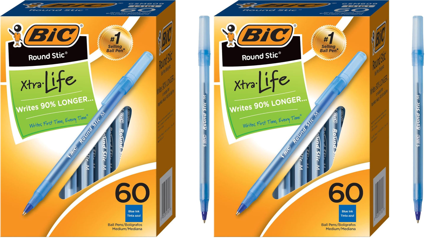 BIC Round Stic Xtra Life Assorted Ink Ballpoint Pens, Medium Point (1.0mm), 60-Count Pack of Bulk Pens, Flexible Round Barrel for Comfortable Writing, No. 1 Selling Ballpoint Pens