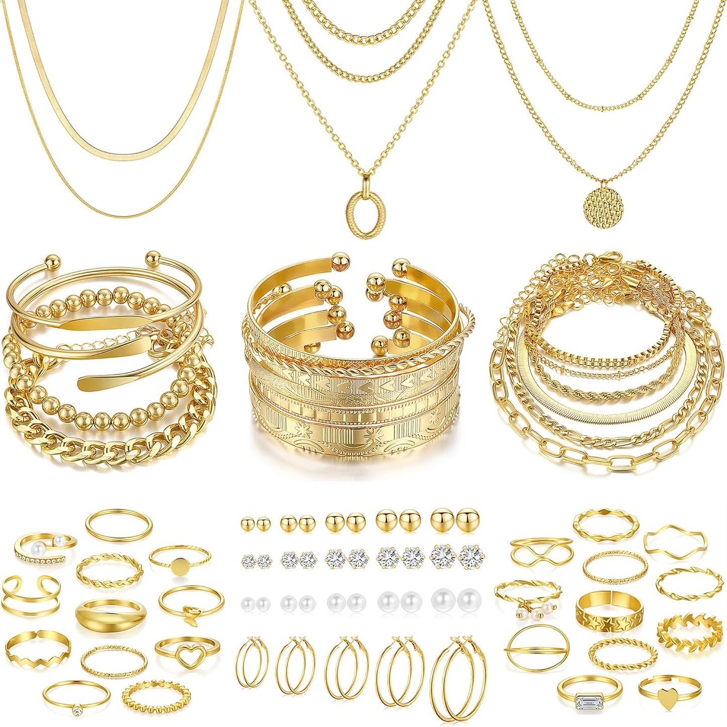 FAXHION 68 Pcs Gold Jewelry Set for Women with 7 Necklace, 17 Bracelet, 5 Hoop Earrings, 15 Stud Earrings, 24 Knuckle Rings for Women Jewelry Set for Women Gift