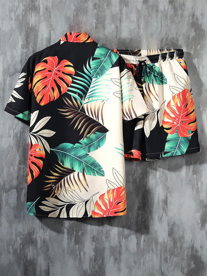 GORGLITTER Men's Vacation Beach Cruise Summer Outfits 2 Piece Shorts Set Hawaiian Button Down Shirt and Shorts