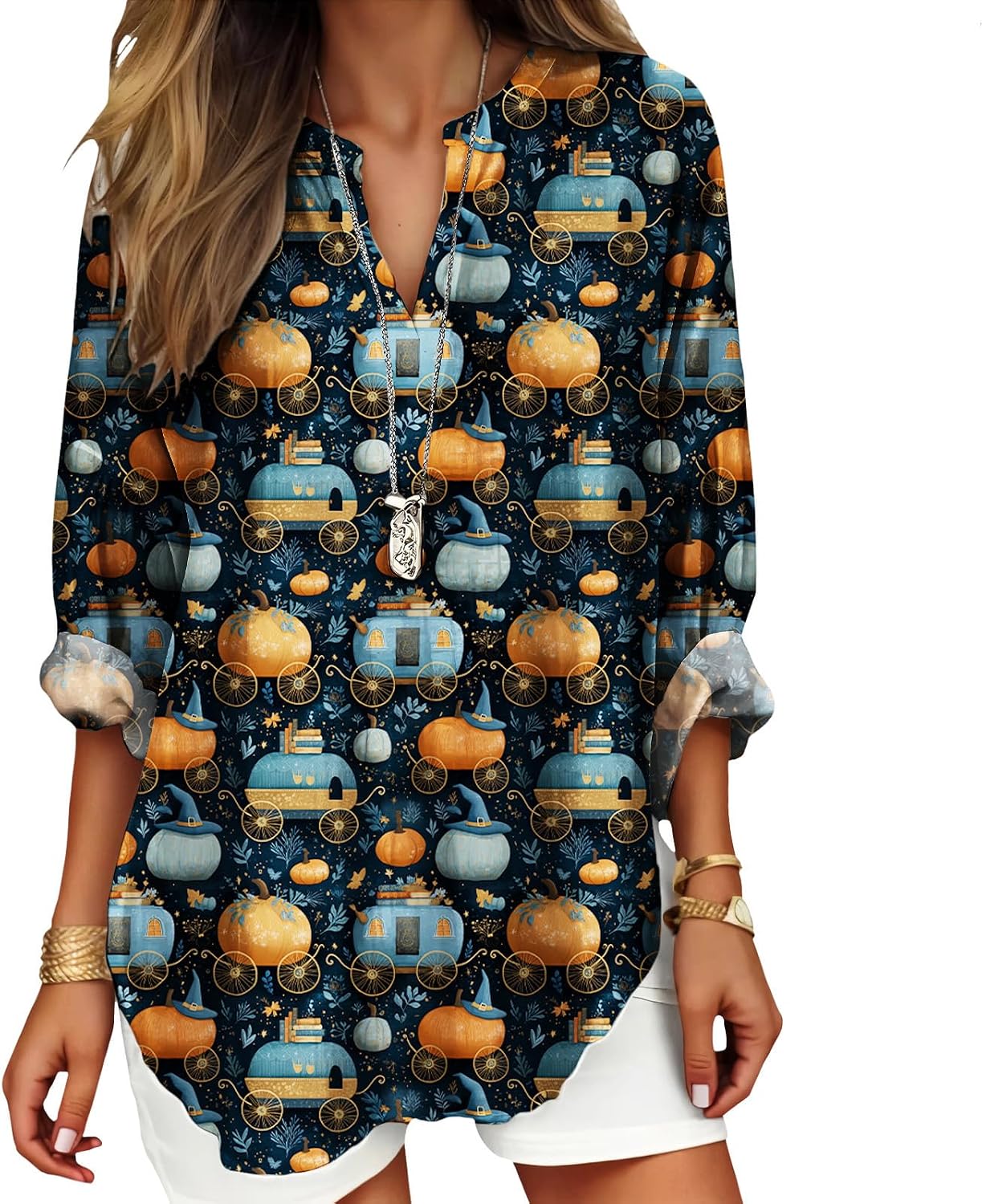 Womens Bohemian Print Tunic Top Cotton Blend V Neck Long Sleeve Loose Fit Casual Blouse for Summer Beach Vacation
