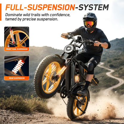 Electric Bike for Adults, Peak 1500W Motor Retro E Bike, Range 65/120Miles, 48V 15Ah Removable Battery, 20"x4" Fat Tires, Full Suspension, APP Control, Off-Road Ebike for City Commuting
