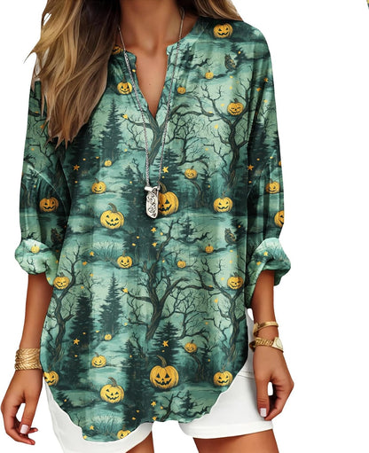 Womens Bohemian Print Tunic Top Cotton Blend V Neck Long Sleeve Loose Fit Casual Blouse for Summer Beach Vacation