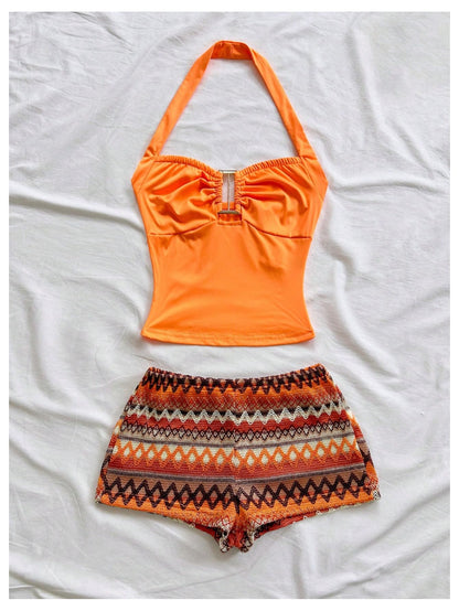 SOLY HUX Women's Summer 2 Piece Outfits Striped Crochet Halter Top Mini Shorts Set Beach Vacation Y2K Sets