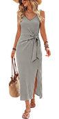 OFEEFAN Summer Dresses for Women 2026 V Neck Sleeveless Casual Dress Elegant Work Long Midi Dresses for Women Tie Waist