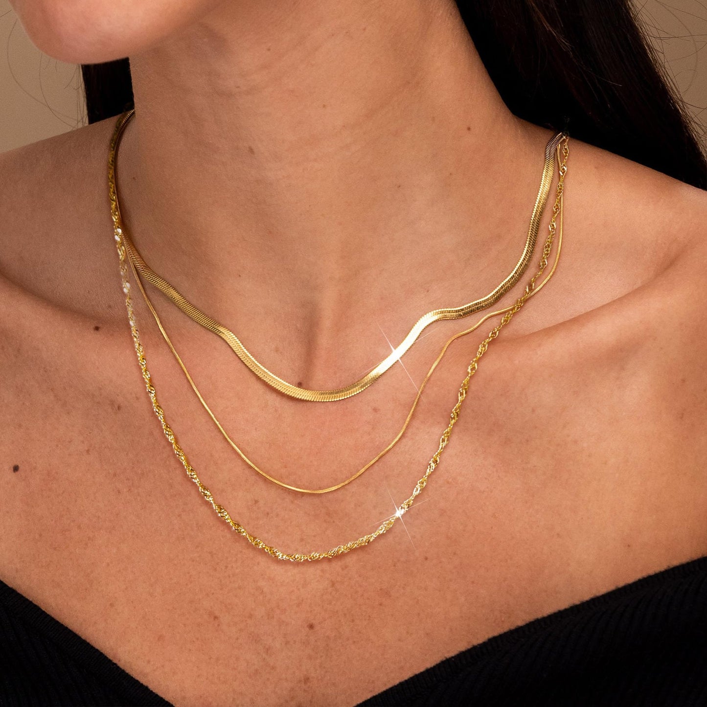 3PCS Gold Necklaces for Women,Chunky Statement Gold Plated Necklace Stack Layered Sterling Silver Herringbone Chains for Women Dainty Trendy Silver Chains Stacked Jewelry Gifts