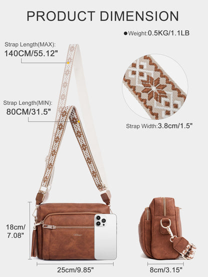 Small Leather Crossbody Bags for Women Anti theft Purses and Handbag Shoulder Hangbag with Wide Strap Tassel