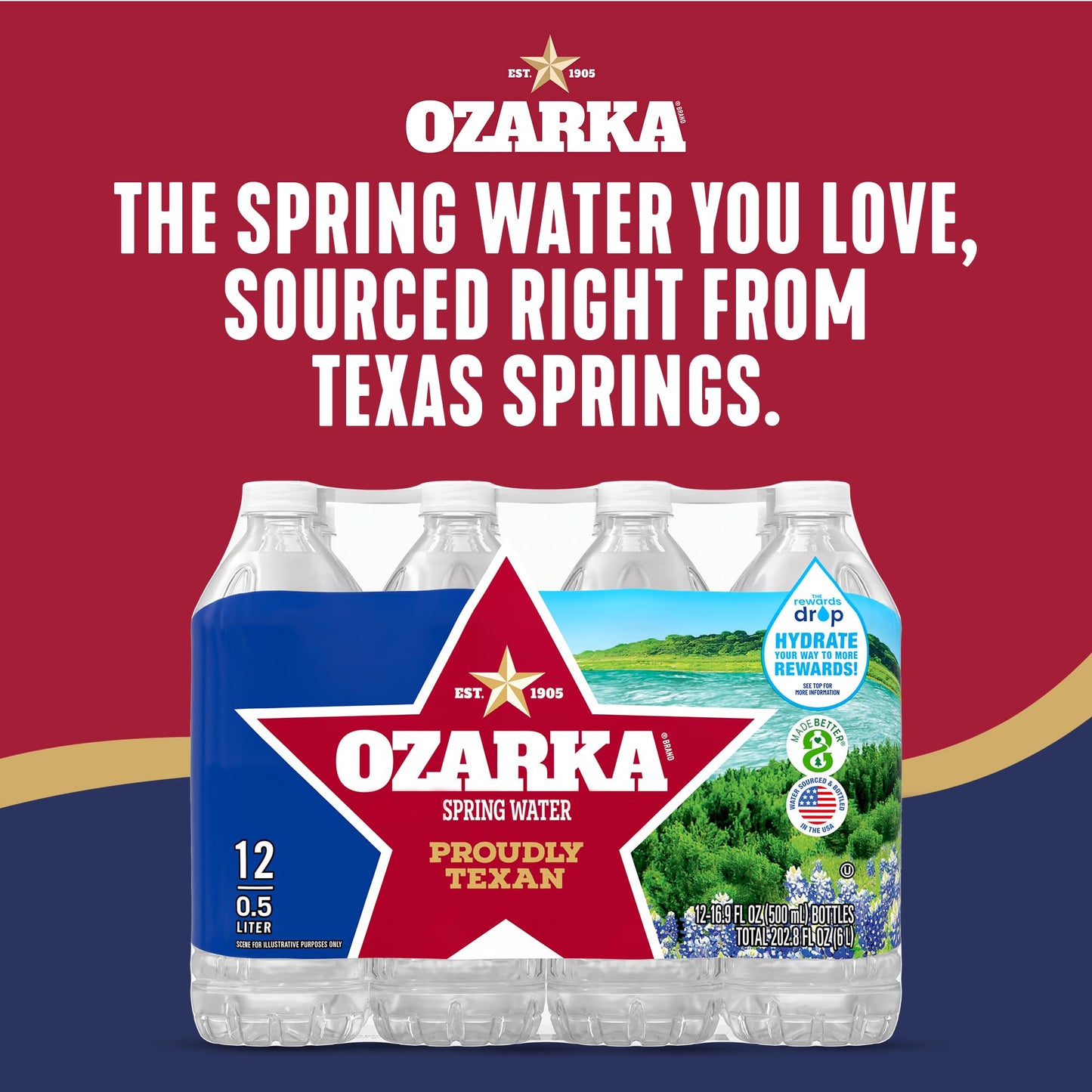 Ozarka Texas Spring Water Bottles, 12 Pack - Still Drinking Water with Naturally Balanced Minerals for a Crisp Clean Taste - 12 Fl Oz