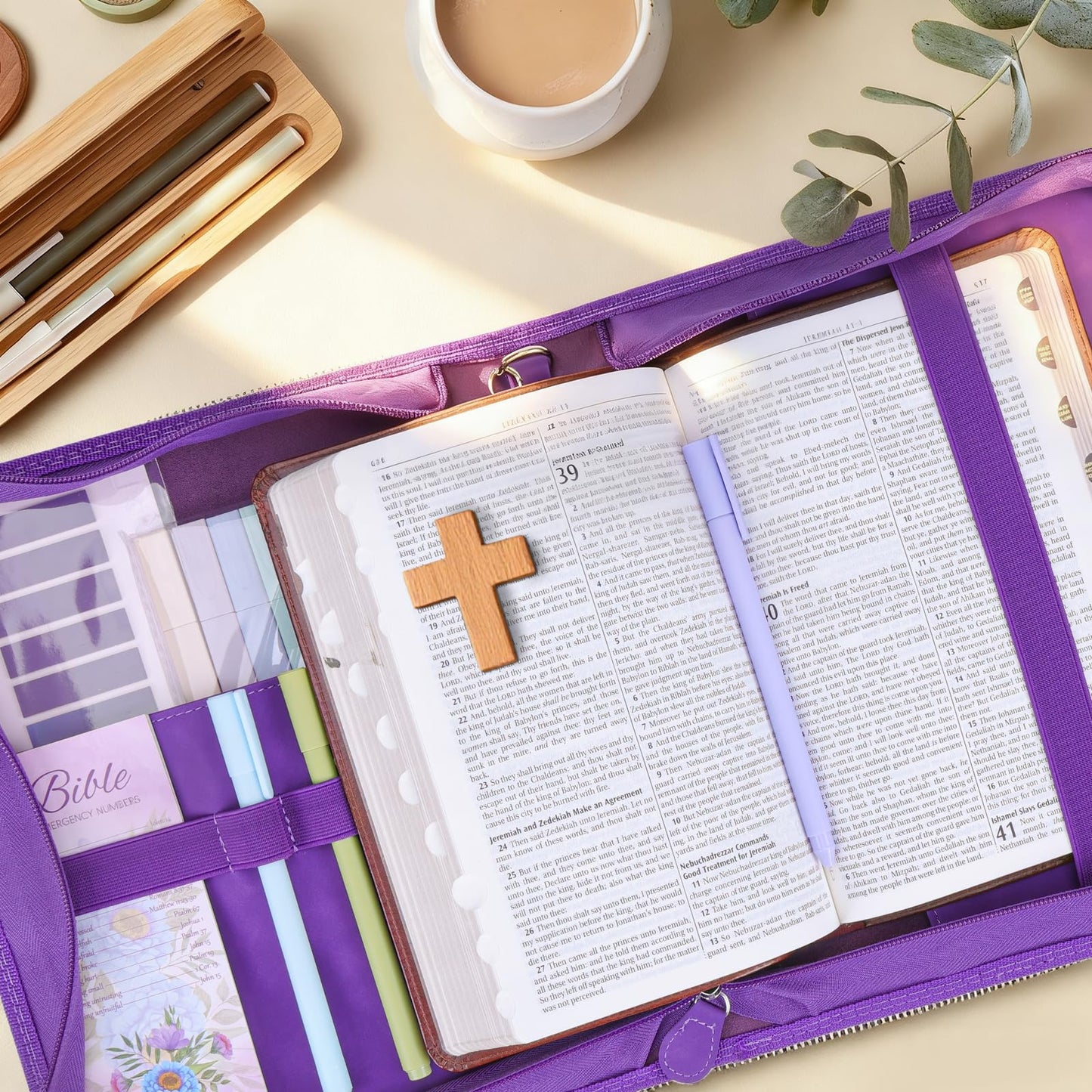 XKDOUS 20 Pcs Bible Case Set with Tabs, Pens, Study Supplies Carrier Holder Portable Men's Bible Bag Church Book Leather Cover Father Day Christian Gift for Dad, Mom, Men, Women