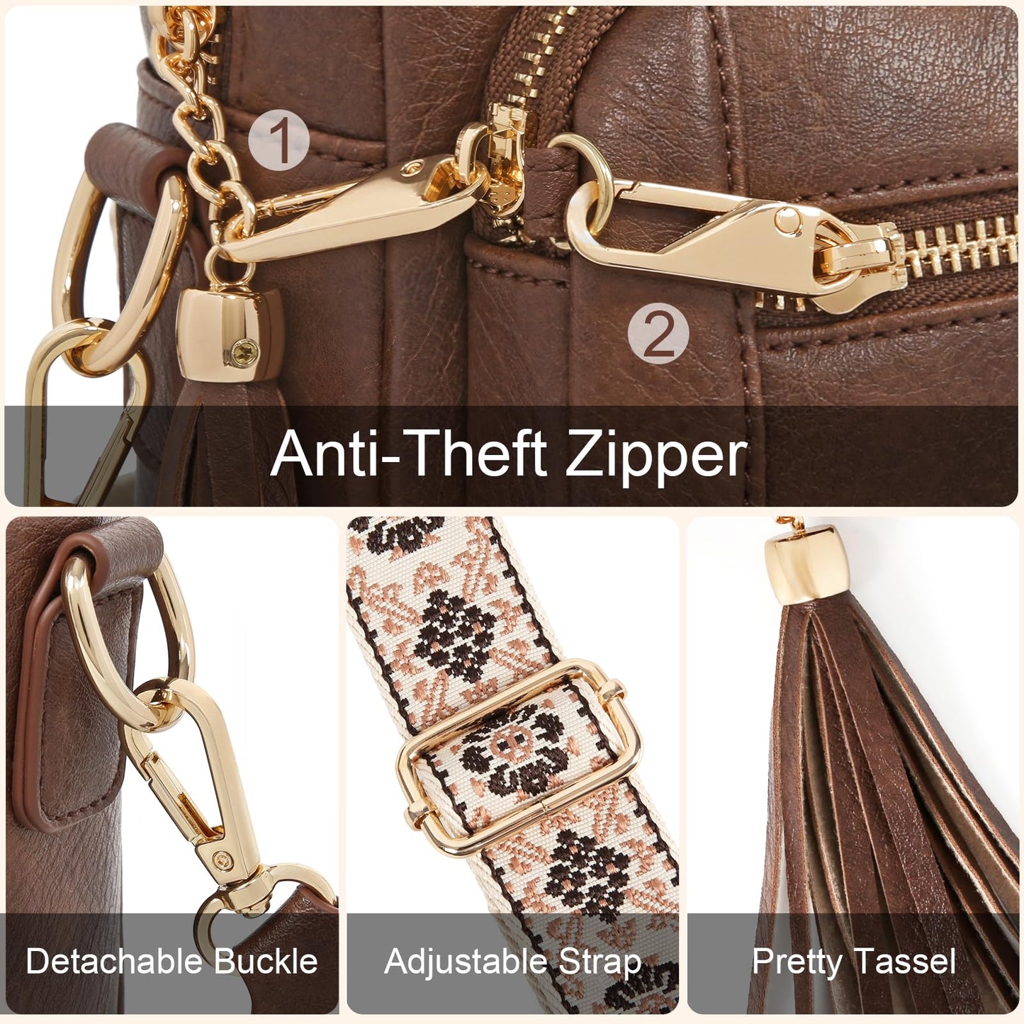 Small Leather Crossbody Bags for Women Anti theft Purses and Handbag Shoulder Hangbag with Wide Strap Tassel