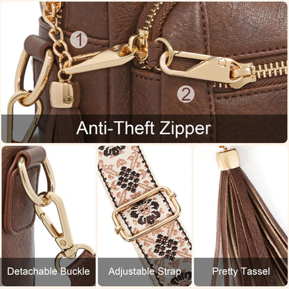 Small Leather Crossbody Bags for Women Anti theft Purses and Handbag Shoulder Hangbag with Wide Strap Tassel