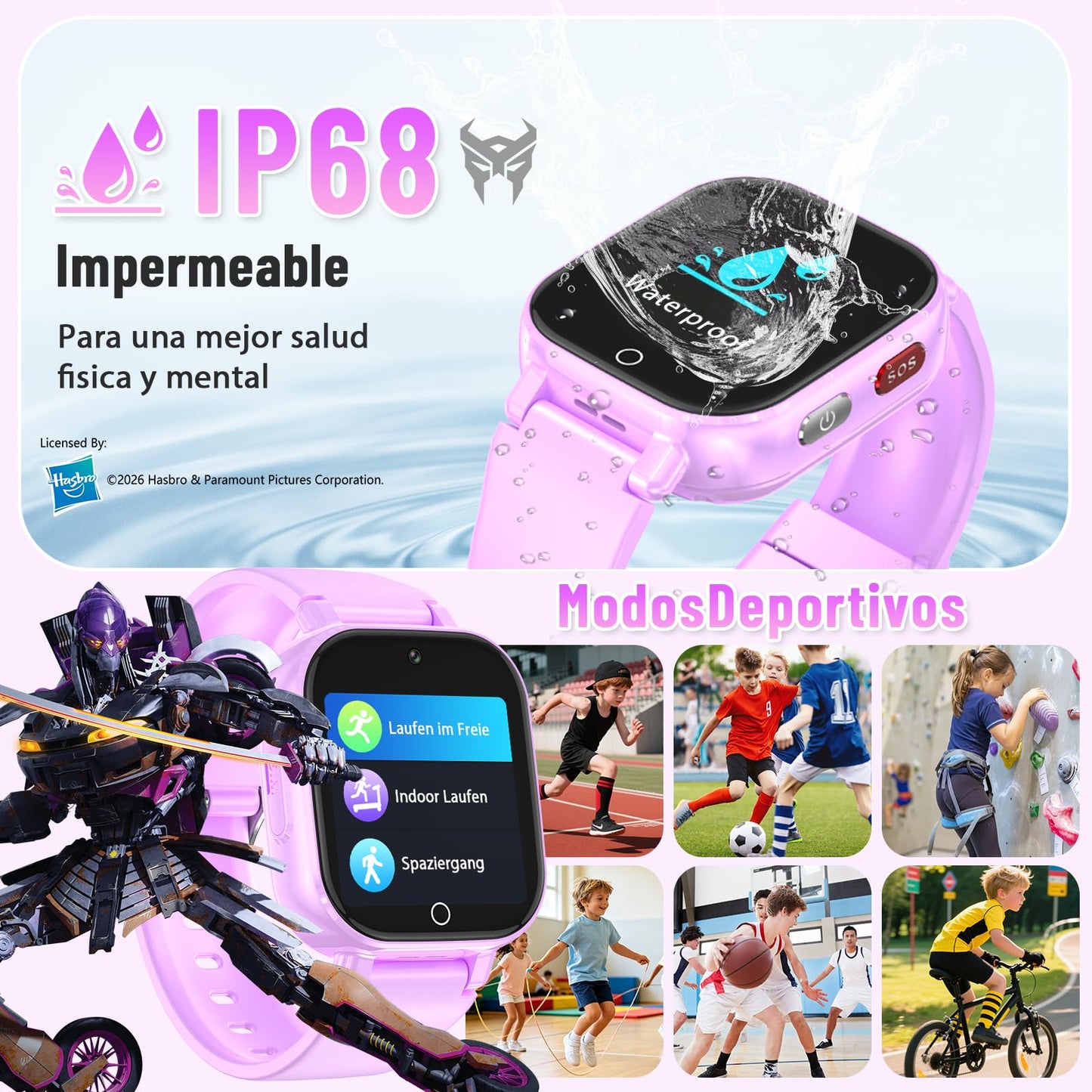 Transformers 4G Kids Smart Watch Phone, GPS, Video Call, Waterproof - Pink | Smartwatch for Boys Girls Ages 4-12, Class Mode, SOS, Camera, Alarm, Touch Screen, Gifts with Bonus Woven Strap & SIM Card