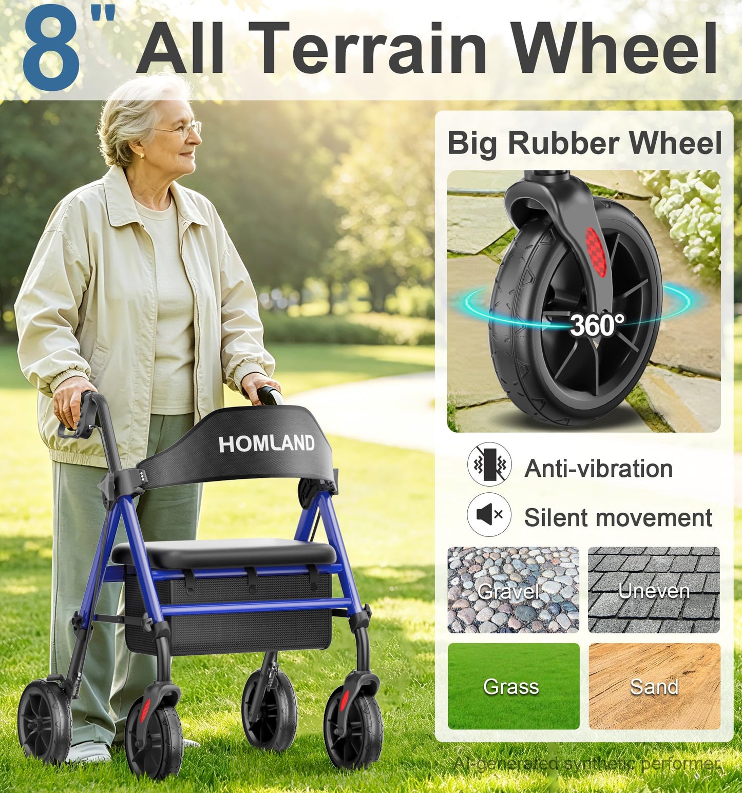 HOMLAND Walkers for Seniors with Seat, Foldable Rollator Walker, Reinforced Aluminum Frame, 8" Big Rubber Wheels for All Terrain, Height Adjustable Lightweight Rolling Walker