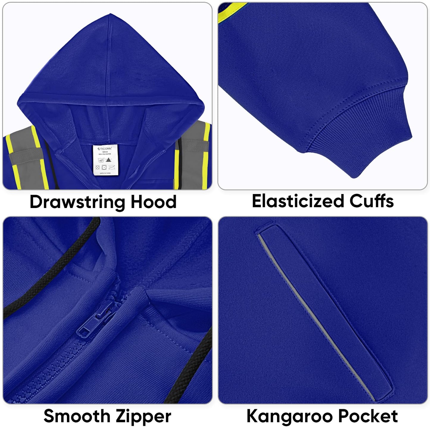 TICONN Safety Hoodie Jacket, High Vis Reflective Safety Fleece Hoodie, PPE Gear for Cold Weather Meet ANSI III