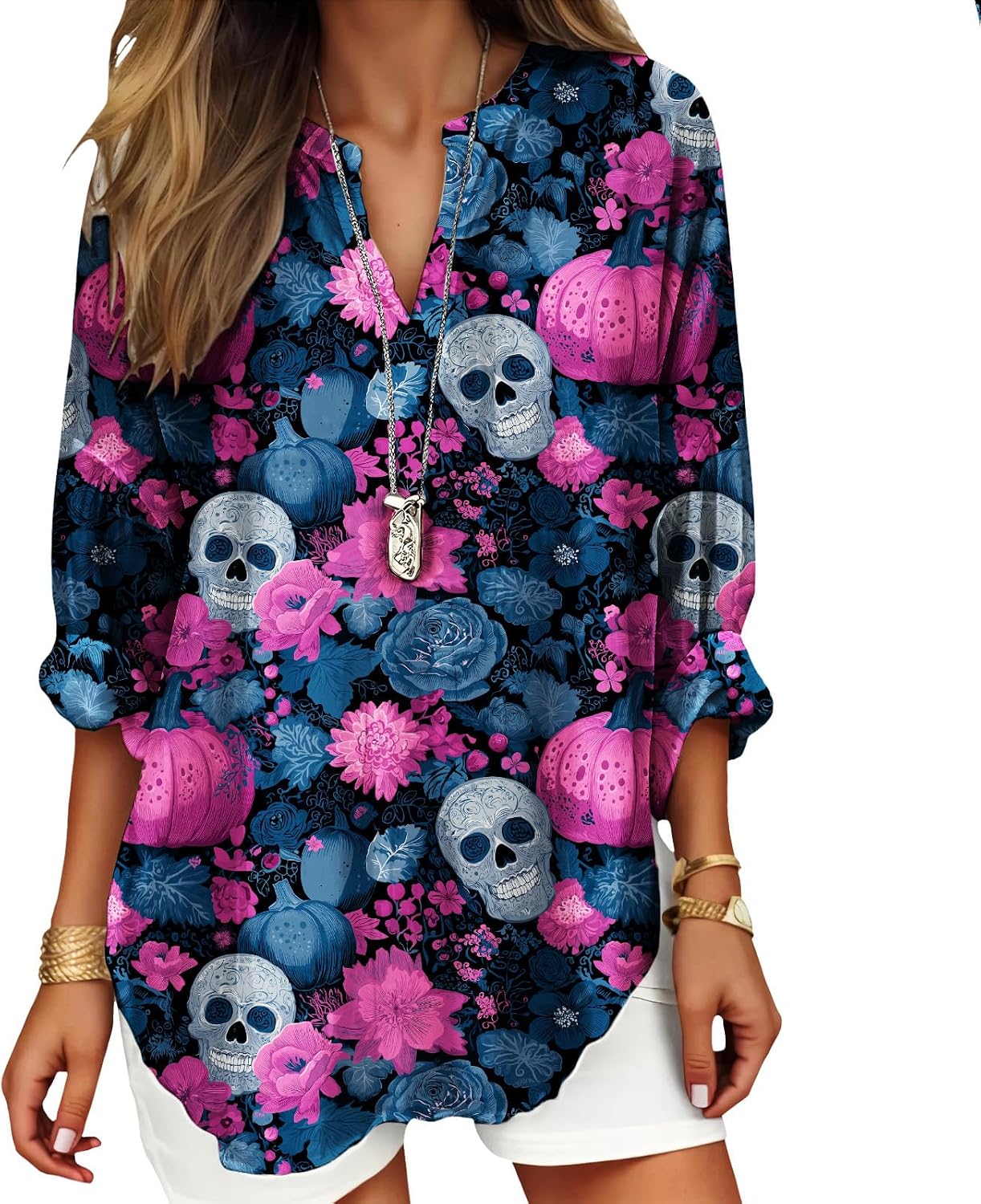 Womens Bohemian Print Tunic Top Cotton Blend V Neck Long Sleeve Loose Fit Casual Blouse for Summer Beach Vacation