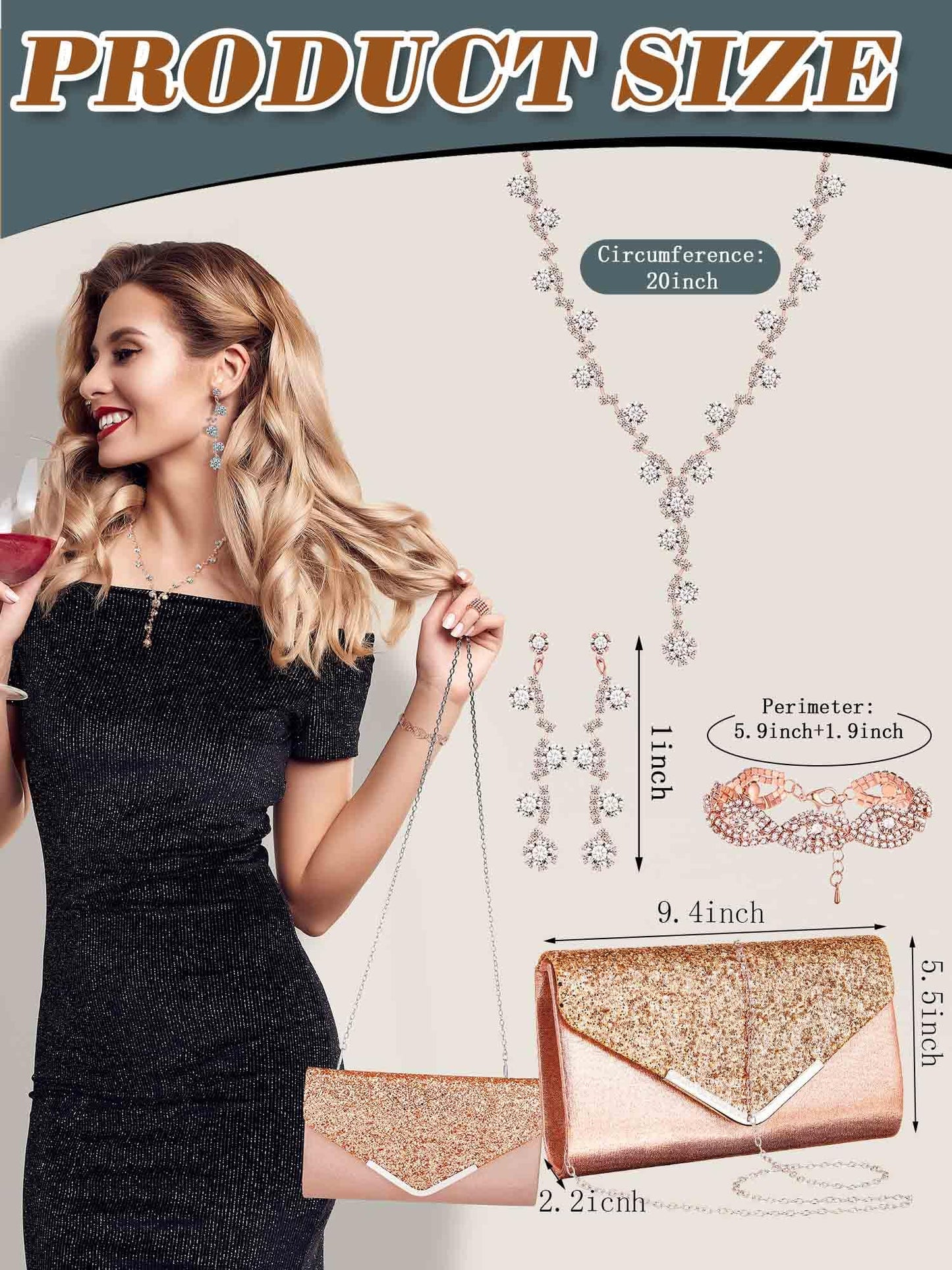 Henoyso 5 Pcs Purse Rhinestone Jewelry Set Prom Jewelry Rhinestone Clutch Purse Necklace Earrings Bracelets for Women Bride