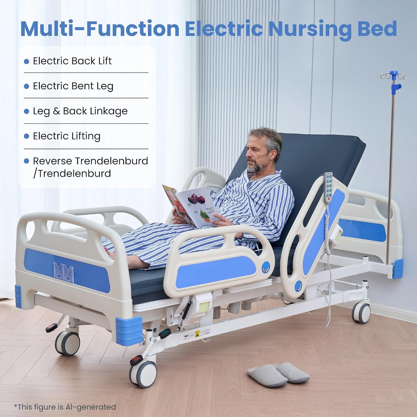 Careboda Premium 5 Function Full Electric Hospital Bed, Hospital Bed with PU Advanced Mattress, Quiet Wheels & IV Pole, ICU Electric Medical Bed with Core Motor, 85" x 41", 530lbs, Hospital & Home Use