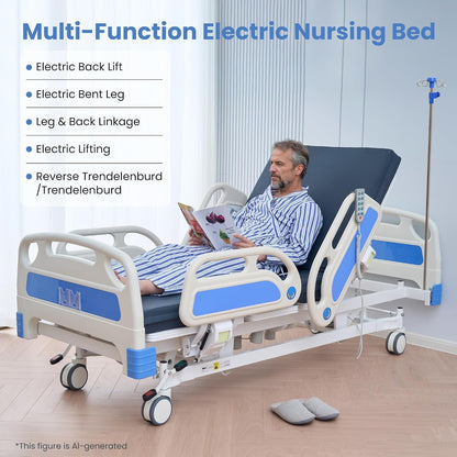 Careboda Premium 5 Function Full Electric Hospital Bed, Hospital Bed with PU Advanced Mattress, Quiet Wheels & IV Pole, ICU Electric Medical Bed with Core Motor, 85" x 41", 530lbs, Hospital & Home Use